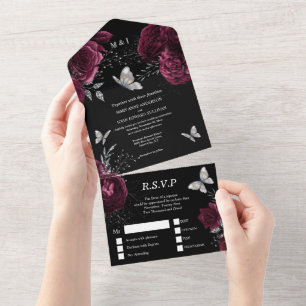 Burgundy black silver rose elegant butterfly glam  all in one invitation
