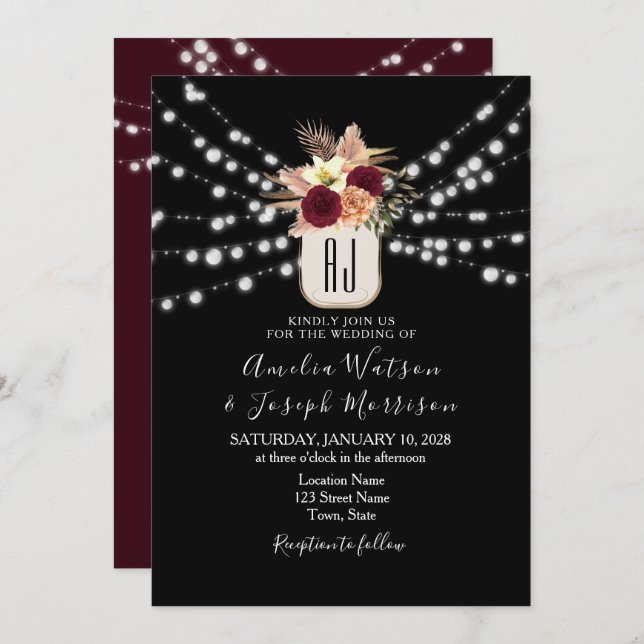 Burgundy Black Wedding Invitation (Front/Back)