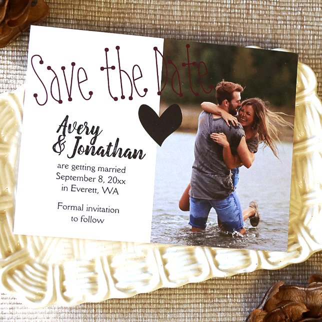Burgundy Black Wedding Save the Date Photo Postcard (Cute heart themed wedding save the date postcard with photo, violet and black)