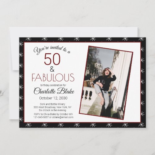 Burgundy Black  White 50 and Fabulous Birthday  Invitation