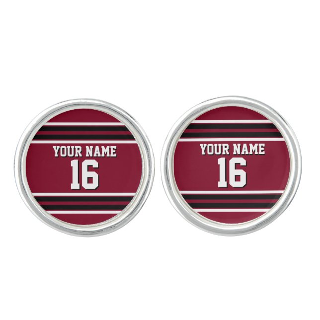 Burgundy Black Wht Team Jersey Custom Number Name Cufflinks (Front)