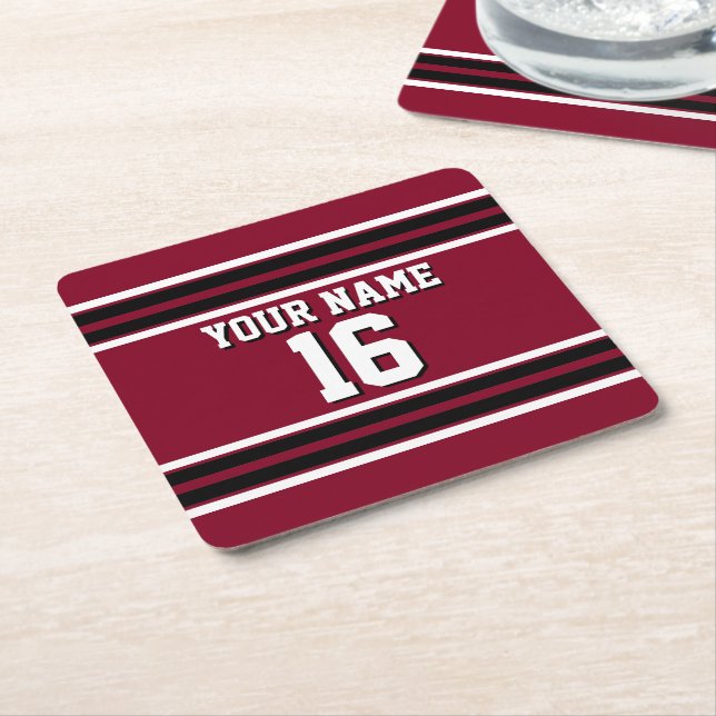 Burgundy Black Wht Team Jersey Custom Number Name Square Paper Coaster (Angled)