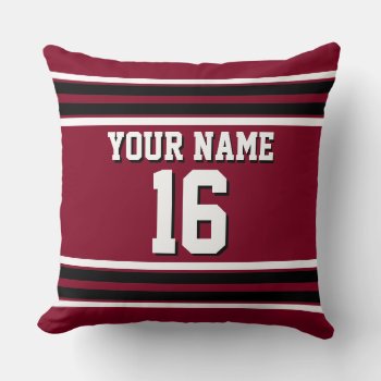 Burgundy Black Wht Team Jersey Custom Number Name Throw Pillow by FantabulousSports at Zazzle