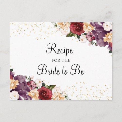 Burgundy Bliss Floral  Bridal Shower Recipe Card