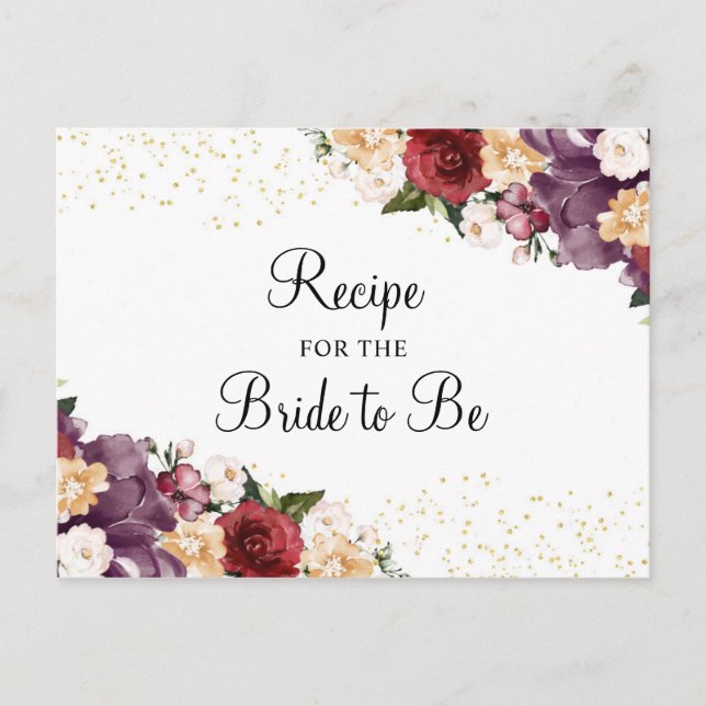 Burgundy Bliss Floral  Bridal Shower Recipe Card (Front)