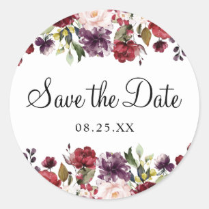 Burgundy Bliss Floral Watercolor Save the Date Classic Round Sticker