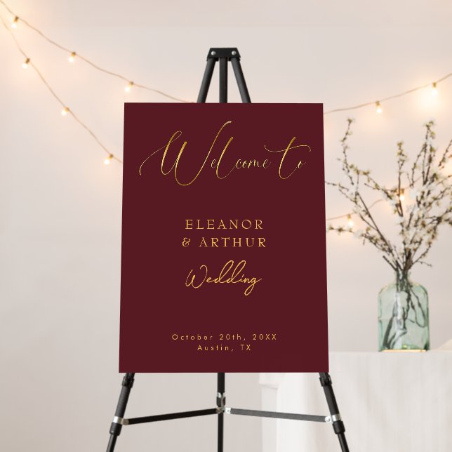 Burgundy Bliss & Gold Script Wedding Welcome Sign (In Situ (Stand))