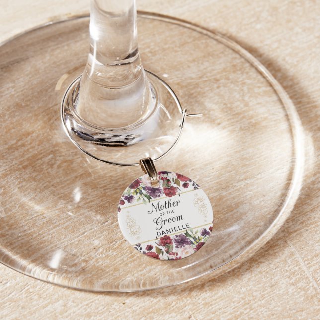 Burgundy Bliss Mother of the Groom Monogrammed Wine Charm (In Situ)