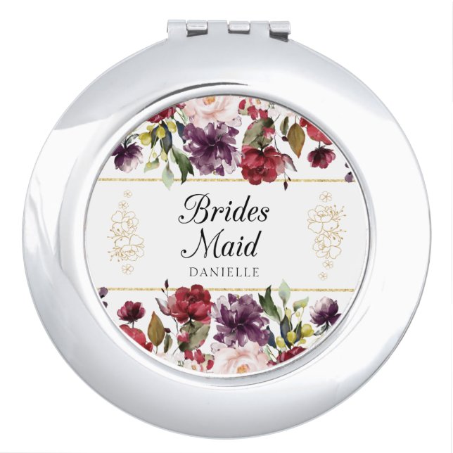 Burgundy Bliss Personalized Monogram Bridesmaid Compact Mirror (Front)