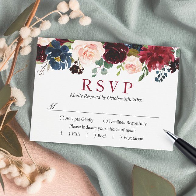 Burgundy Bloom Blush Blue Floral Wedding RSVP Card (Creator Uploaded)