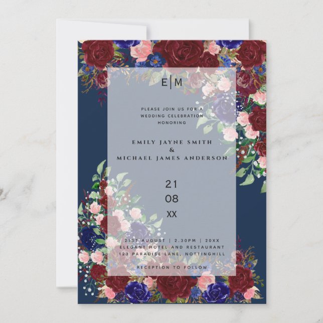 Burgundy Bloom Boho Blue Pink Rose Wedding Overlay Invitation (Front)