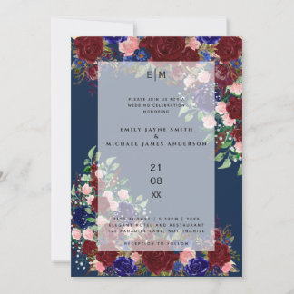 Burgundy Bloom Boho Blue Pink Rose Wedding Overlay Invitation