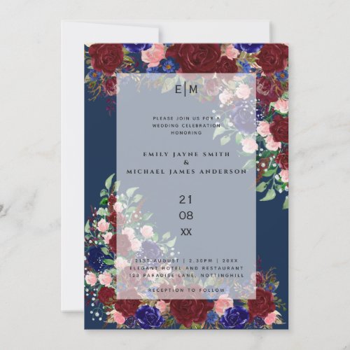 Burgundy Bloom Boho Blue Pink Rose Wedding Overlay Invitation