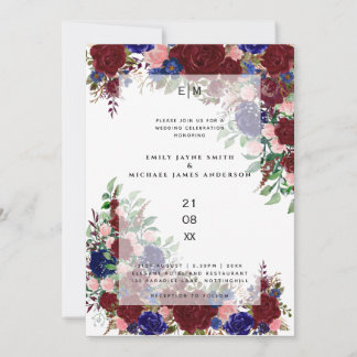 Burgundy Bloom Boho Blue Pink Rose Wedding Overlay Invitation