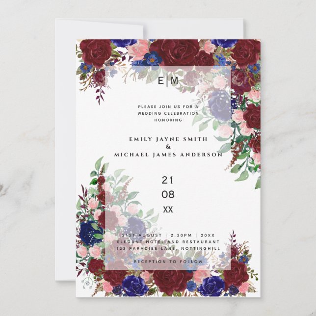 Burgundy Bloom Boho Blue Pink Rose Wedding Overlay Invitation (Front)