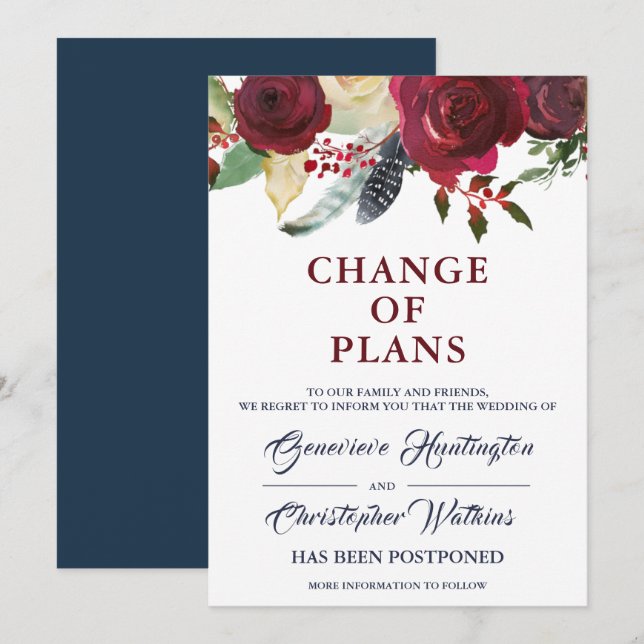Burgundy Bloom Boho Floral Wedding Postponed Invitation (Front/Back)