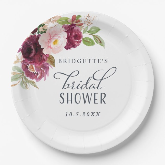 Burgundy Bloom Floral Bridal Shower Plates (Front)