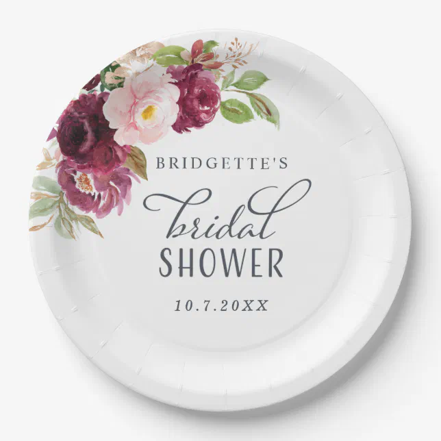 Burgundy Bloom Floral Bridal Shower Plates | Zazzle