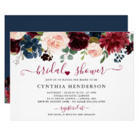 Burgundy Bloom Floral Navy Blue Bridal Shower Invitation