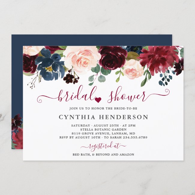 Burgundy Bloom Floral Navy Blue Bridal Shower Invitation