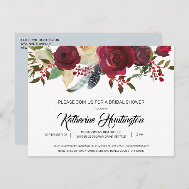 Burgundy Bloom Floral Preprinted Return Address Postcard (Front/Back)