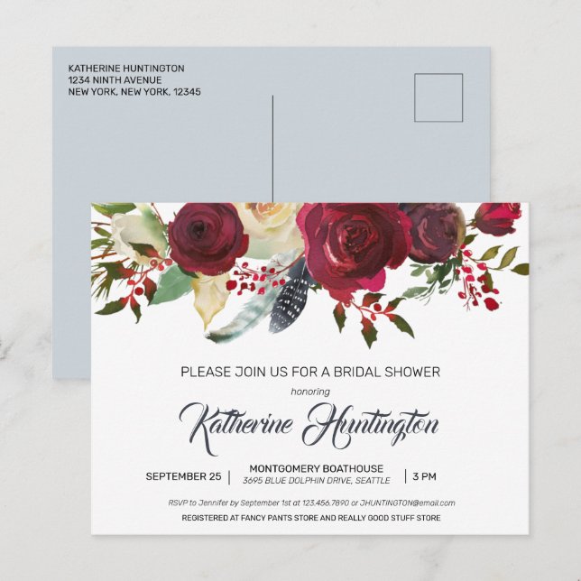 Burgundy Bloom Floral Return Address Bridal Shower Postcard (Front/Back)