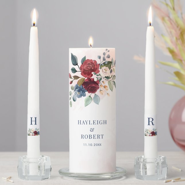 Burgundy Bloom Floral Rustic Wedding Unity Candle Set (In Situ)