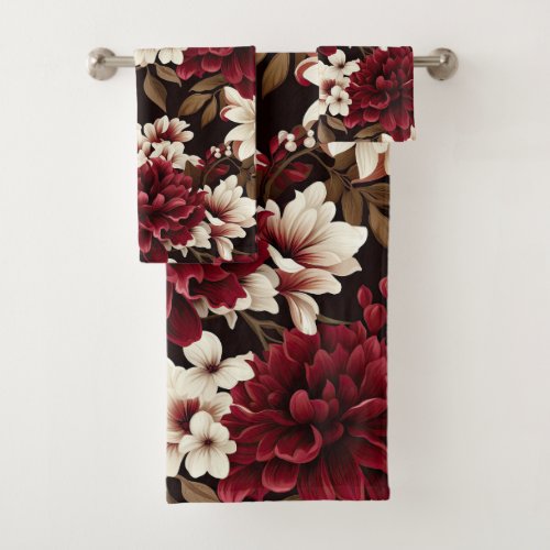 Burgundy Bloom Flowers Bath Towel Set