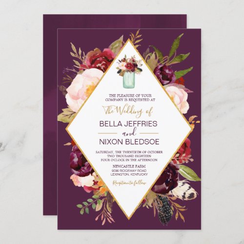 Burgundy Bloom Plum Wine Floral Mason Jar Wedding Invitation