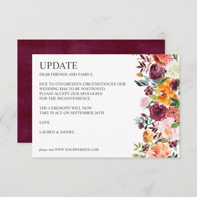 Burgundy Bloom | Rustic Botanical WEDDING UPDATE Invitation (Front/Back)