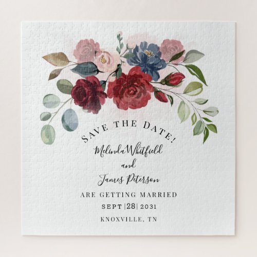 Burgundy Bloom Rustic Floral Save The Date Jigsaw Puzzle