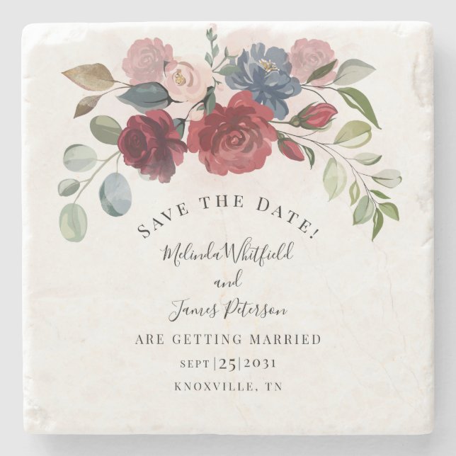 Burgundy Bloom Rustic Floral Save The Date Stone Coaster (Front)
