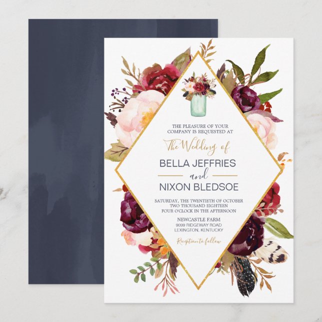 Burgundy Bloom Wine Blush Floral Mason Jar Wedding Invitation (Front/Back)