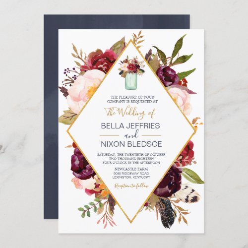 Burgundy Bloom Wine Blush Floral Mason Jar Wedding Invitation