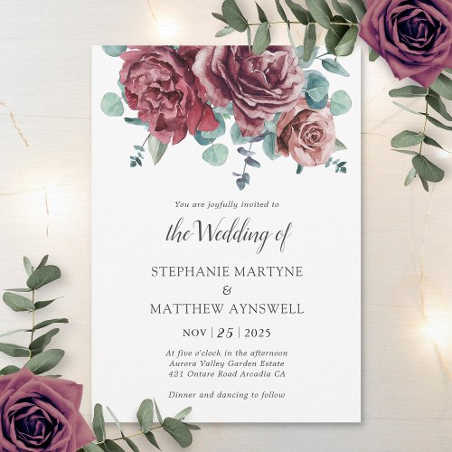 Burgundy Blooms Eucalyptus Botanical Wedding Invitation