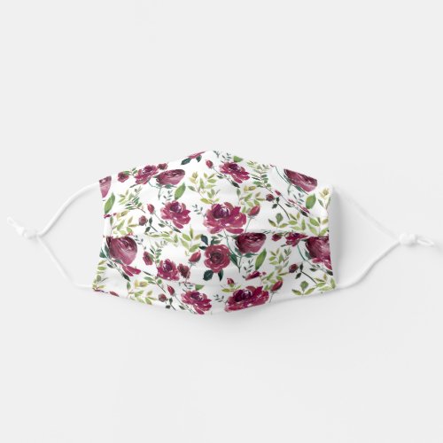 Burgundy Blooms  Watercolor Floral Pattern Adult Cloth Face Mask