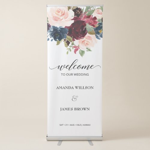 Burgundy Blooms Wedding Welcome Banner with Stand