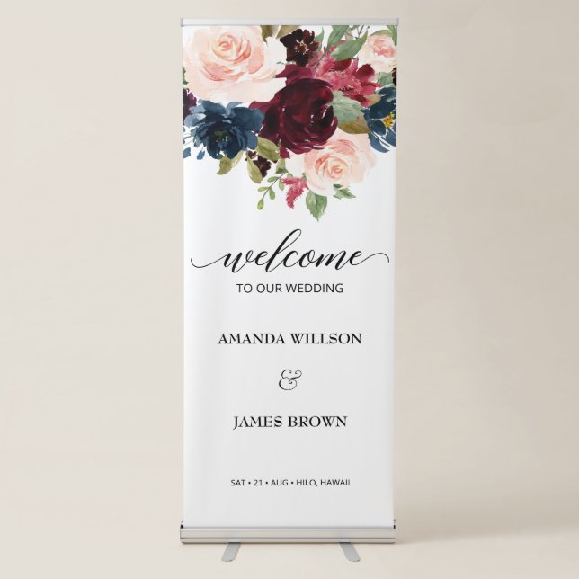 Burgundy Blooms Wedding Welcome Banner with Stand (Front)