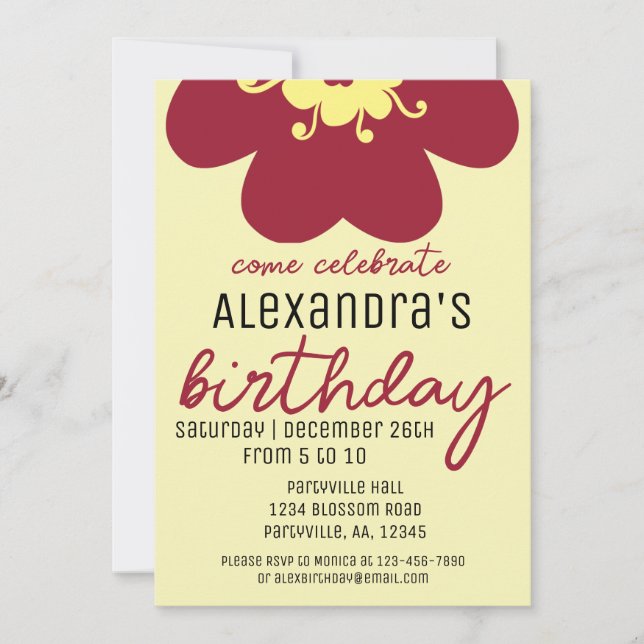 Burgundy Blossom Birthday Party Invitation (Front)