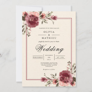 Burgundy Blossom Border Wedding Invitation