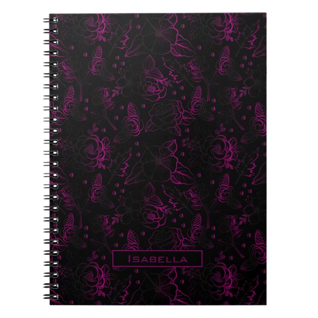 Burgundy blossom floral pattern personalized name notebook (Front)