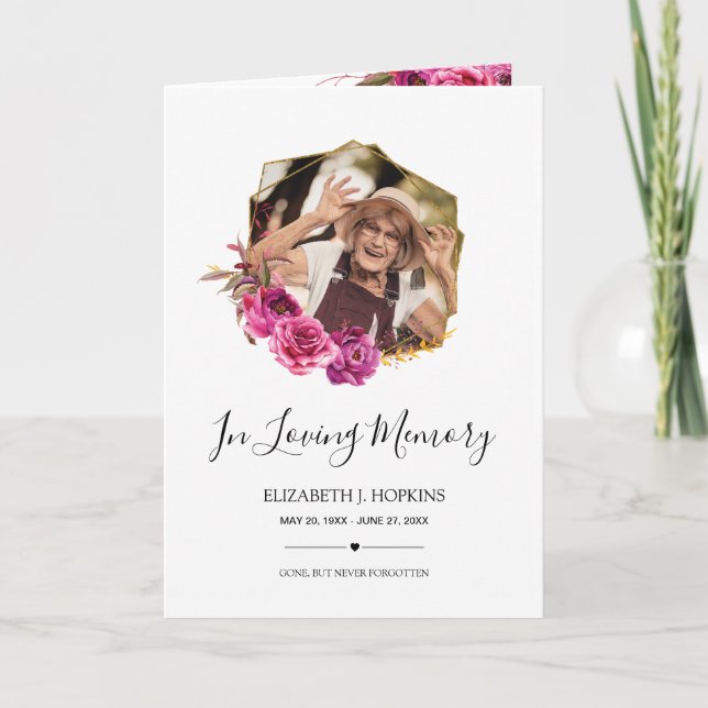 Burgundy Blossom Geometric Frame 2 Photo Funeral Program (Front)