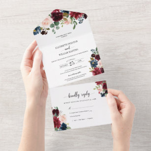 Burgundy Blossom Greenery Leaves Wedding with RSVP All In One Invitation