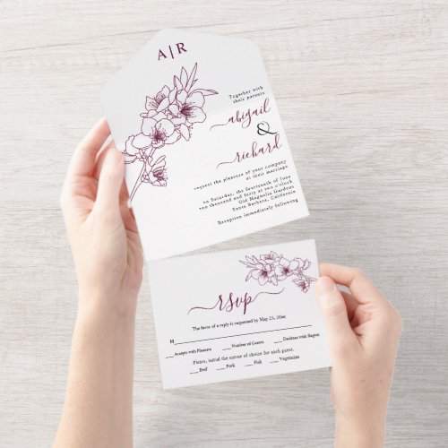 Burgundy blossoms line art fall wedding all in one invitation