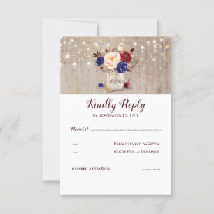 Burgundy Blue and Blush Flowers Rustic RSVP