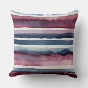 Burgundy, blue and white watercolor stripes throw pillow
