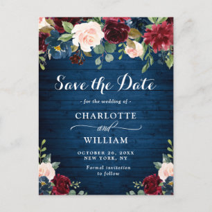 Burgundy Blue Blush Floral Wedding Save the Date Postcard