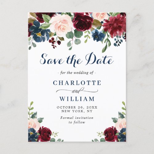 Burgundy Blue Blush Floral Wedding Save the Date Postcard