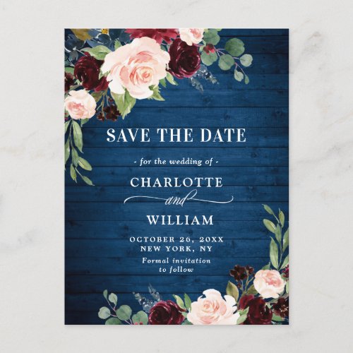 Burgundy Blue Blush Floral Wedding Save the Date Postcard