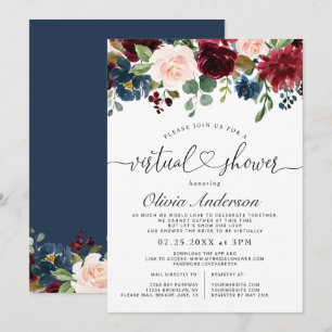 Burgundy Blue Blush Flowers Virtual Bridal Shower Invitation